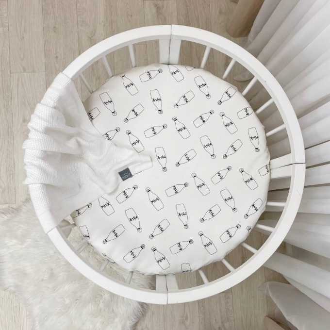 Husa saltea rotunda patut bebe copii cu elastic, Milk (1)